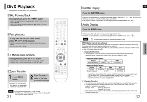 Page 17GB
32 31
OPERATION
Fast playback Skip Forward/BackDuring playback, press the              button.•Goes to the next file whenever you press           button, if there are over 
2 files in the disk. •Goes to the previous file whenever you press           button, if there are
over 2 files in the disk. To play back the disc at a faster speed, 
press       or      during playback.•Each time you press either button, the playback speed will change as
follows: 
2x ➞4x ➞8x ➞32x ➞Normal.
•DIVX file can be zoomed...