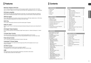 Page 34
ENG
PREPARATION
5
FeaturesContents
PREPARATION
Safety Warnings ............................................................2
Precautions ....................................................................3
Features.........................................................................4
Notes on Discs ..............................................................6
Description .....................................................................8
CONNECTIONS
Speaker Installation...