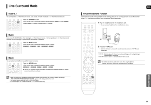 Page 30ENG
59 58
Live Surround Mode
Press the SUPER5.1button.
Each time the button is pressed, the selection alternates between and .
Selectto play 2-channel sound in 5.1 channels.
Super 5.1
• When you insert a DVD recorded in 2-channel or multi-channel format and press the SUPER 5.1 button, the message
 appears in the display and it will not work.
• This function does not work with SACD or DVD-AUDIO discs.
• 5.1 channel outputs are available in VIRTUAL 9.1 or EX-MOVIE mode only.
You can reproduce a 2-channel...