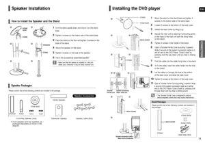 Page 7ENG
CONNECTIONS
13 12
Speaker Packages
Please confirm that all the following contents are included in the package.
Center Speaker
Subwoofer SpeakerSpeaker Cable (5EA) Front/Rear Speaker (4EA)
Speaker Accessories
Speaker Installation
1Turn the stand upside down and mount it on the stand
base.
2Tighten 4 screws on the bottom side of the stand base.
3Place the stand on the floor and tighten 2 screws on the
back of the stand.
4Mount the speaker on the stand.
5Tighten 2 screws on the back of the speaker....