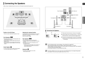 Page 8ENG
CONNECTIONS
15 14
• If you place a speaker near your TV set, screen color may be distorted because of the magnetic field generated
by the speaker. If this occurs, place the speaker away from your TV set.
1Press down the terminal tab on the back of the speaker. 
2Insert the black wire into the black terminal (–) and the red
wire into the red (+) terminal, and then release the tab.
3Connect the connecting plugs to the back of the Subwoofer.
Make sure the colors of the speaker terminals match the colors...