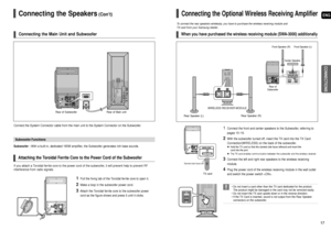 Page 9ENG
CONNECTIONS
17 16
Front Speaker (R)
Rear Speaker (L)
Rear of
SubwooferCenter SpeakerFront Speaker (L)
Rear Speaker (R) WIRELESS RECEIVER MODULE
1Connect the front and center speakers to the Subwoofer, referring to
pages 15~16.
2With the subwoofer turned off, insert the TX card into the TX Card
Connection(WIRELESS) on the back of the subwoofer. 
Hold the TX card so that the slanted side faces leftward and insert the 
card into the port. 
The TX card enables communication between the subwoofer and the...