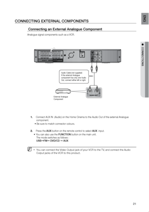 Page 2221
eNG
●  CONNeCTIONS
CONNeCTING eXTerNAL COMPONeNTS
 Connecting an external Analogue Component
Analogue signal components such as a VCR.
 Connect AUX IN  (Audio) on the Home Cinema to the Audio Out of the ext\
ernal Analogue      
1. 
           component.
   Be sure to match connector colours.  
•	
 
Press the 
2.  AUX button on the remote control to select AUX  input. 
You can also use the
•	  FUNCTION button on the main unit.  
           The mode switches as follows :   
           USB➞ FM➞ DVD/CD...