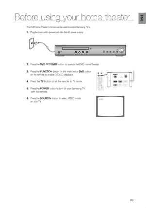 Page 2423
eNG
The DVD Home Theater's remote can be used to control Samsung TV's.
Plug the main unit's power cord into the AC power supply.
1. 
Press the 
2.  DVD reCeIVer button to operate the DVD Home Theater. 
 
Press the 
3.  FUNCTION button on the main unit or DVD button  
on the remote to enable DVD/CD playback. 
Press the 
4.  TV button to set the remote to TV mode. 
Press the 
5.  POWer button to turn on your Samsung TV 
 with this remote.  
Press the 
6.  SOUrCes button to select VIDEO mode...