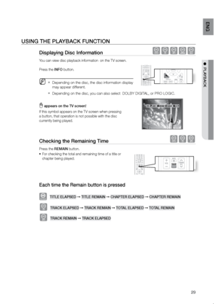 Page 3029
eNG
●  PLAYBACK
USING THe PLAYBACK FUNCTION
Displaying Disc Information dBAGD
You can view disc playback information  on the TV screen. 
 
Press the INFO button.
 
MDepending on the disc, the disc information display  
`
may appear different.
Depending on the disc, you can also select  DOLBY DIGITAL, or PRO LOGIC.
 
`
 
  appears on the TV screen! 
If this symbol appears on the TV screen when pressing   
a button, that operation is not possible with the disc   
currently being played.
Checking the...