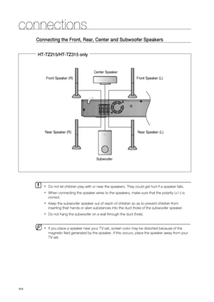 Page 22


connections

ipodAUX IN 2

HT-TZ215/HT-TZ315 only
Front Speaker (R)
Rear Speaker (R)
Front Speaker (L)
Rear Speaker (L)
Subwoofer
Connecting the Front, rear, Center and Subwoofer Speakers
  
If you place a speaker near your TV set, screen color may be distorted because of the 
magnetic field generated by the speaker. If this occurs, place the speaker away from your 
TV set.
M`
Do not let children play with or near the speakers. They could get hurt if a speaker falls.
When connecting the...