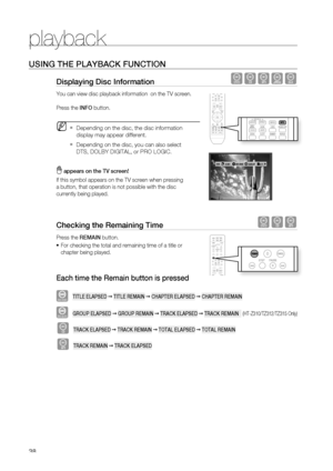 Page 38
playback


USING THE PLAYBACK FUNCTION
Displaying Disc Information dBAGD
You can view disc playback information  on the TV screen.
Press the INFO button.
Depending on the disc, the disc information 
display may appear different.
Depending on the disc, you can also select 
DTS, DOLBY DIGITAL, or PRO LOGIC.
 appears on the TV screen! 
If this symbol appears on the TV screen when pressing 
a button, that operation is not possible with the disc 
currently being played.
Checking the remaining Time...