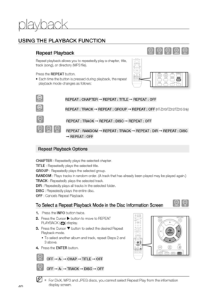 Page 40
playback
40

USING THE PLAYBACK FUNCTION
repeat Playback dBAGD
Repeat playback allows you to repeatedly play a chapter, title, 
track (song), or directory (MP3 fi le).
Press the rEPEAT button.
Each time the button is pressed during playback, the repeat 
playback mode  changes as follows:
DVD-VIDEO         rEPEAT : CHAPTEr ➞ rEPEAT : TITLE ➞ rEPEAT : OFF
DVD-AUDIO                     rEPEAT : TrACK ➞ rEPEAT : GrOUP ➞ rEPEAT : OFF (HT-Z310/TZ312/TZ315 Only)
B         rEPEAT : TrACK ➞ rEPEAT : DISC ➞...