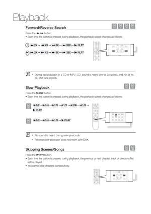 Page 34Playback
34
Forward/reverse Search dBAD
Press the (,)  button.
Each time the button is pressed during playback, the playback speed changes as follows:
•	
  (  2X  ➞ (  4X  ➞ (  8X  ➞ (  32X ➞    PLAY
 )  2X  ➞ )  4X  ➞ )  8X  ➞ )  32X ➞    PLAY
 
M 
During fast playback of a CD or MP3-CD, sound is heard only at 2x speed, and not at 4x,  
`
8x, and 32x speeds.
Slow Playback dD
Press the SLOW button.
Each time the button is pressed during playback, the playback speed changes as follows:
•	
 
d 	*
1/2  ➞*...