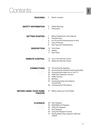 Page 55
ENG
Contents
fEATURES 
2
2 What’s included
SAfETy INfORMATION 
3
3 Safety Warnings
4  Precautions
gETTINg STARTED 
7
7 Before Reading the User’s Manual
8  Playable Discs
8  Do not use the following types of disc!
8  Copy Protection
9  Disc Type and Characteristics
DESCRIPTION 
10
10 Front Panel
10  Display
11  Rear Panel
REMOTE CONTROL 
12
12 Tour of the Remote Control
14  Setting the Remote Control
CONNECTIONS 
16
16 Connecting the Speakers
20  Connecting the Wireless Receiving Amplifier 
22...