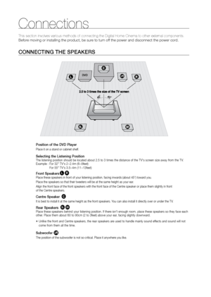 Page 1616
Connections
 
Turn the 
1.  STAND upside-down and connect 
it to the STAND BASE.
Insert five small 
2.  SCrEWS into the five holes 
marked with arrows using a screwdriver as 
shown in the illustration. 
Connect upper SPEAKER to the assembled 
3. 
STAND.
Insert another large 
4.  SCrEW into the hole on 
the rear of the speaker marked with arrow 
using a 
screwdriver. 
 
CONNECTING THE SPEAKErS
Position of the DVD Player
Place it on a stand or cabinet shelf.
Selecting the Listening PositionThe listening...