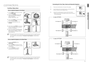 Page 1120
connections
21
ENG
●  CONNECTIONS●  CONNECTIONS
Connecting the Front, Rear, Center and Subwoofer Speakers
   Press down the terminal tab on the back of the speaker.  1. 
  Insert the black wire into the black terminal (–) and the red wire into     2. 
  the red (+) terminal, and then release the tab.
  Connect the connecting plugs to the back of the Home Cinema. 3. 
Make sure the colors of the speaker terminals match the colors of  • 
the connecting plugs.
BlackRed
ipodAUX IN 2
In case of HT-Z310...
