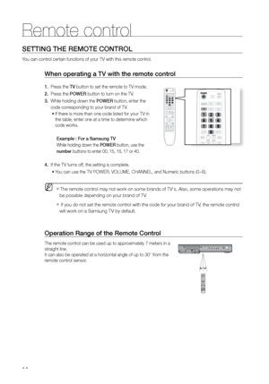 Page 1414
Operation range of the remote Control
The remote control can be used up to approximately 7 meters in a 
straight line. 
It can also be operated at a horizontal angle of up to 30° from the 
remote control sensor.
When operating a TV with the remote control
1.    Press the TV button to set the remote to TV mode. 
2.    Press the POWEr button to turn on the TV.
3.  While holding down the POWEr button, enter the       
     code corresponding to your brand of TV.
If there is more than one code listed for...