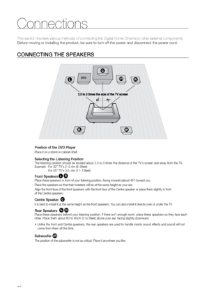 Page 1616
Connections
CONNECTING THE SPEAKErS
Position of the DVD Player
Place it on a stand or cabinet shelf.
Selecting the Listening PositionThe listening position should be located about 2.5 to 3 times the distance of the TV's screen size away from the TV.  
Example :   
For 32" TV's 2~2.4m (6~8feet)       
For 55" TV's 3.5~4m (11~13feet)
Front SpeakerseiPlace these speakers in front of your listening position, facing inwards (about 45°) toward you.
Place the speakers so that their...