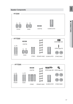 Page 1717
ENG
●  CONNECTIONS●  CONNECTIONS
Speaker Components
HT-Z320
SUBWOOFER CENTRE 
CENTRE SPEAKER CABLE 
SPEAKER CABLE  
CENTRE 
REAR 
(L)(R)
FRONT 
(L)(R)
SUBWOOFER
 STAND BASE STAND FRONT 
SCREW (Large): 2EA 
SCREW (Small): 10EA 
HT-TZ322
(L)(L)
(R)
(R)
SUBWOOFER STAND BASE 
FRONT 
SCREW (Large): 4EA SCREW (Small): 20EA 
(L)(R)
STAND
 
REAR 
HT-TZ325
REAR 
(L)(R)
 