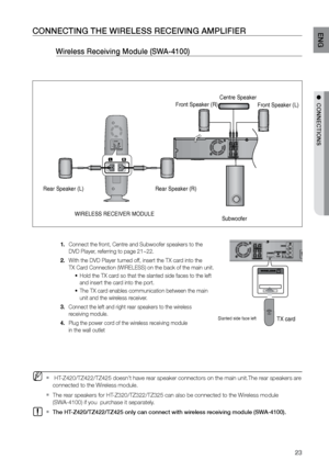 Page 2323
ENG
●  CONNECTIONS●  CONNECTIONS
CONNECTING THE WIrELESS rECEIVING AMPLIFIEr 
 Wireless receiving Module (SWA-4100)  
 
Connect the front, Centre and Subwoofer speakers to the  
1. 
DVD Player, referring to page 21~22.
With the DVD Player turned off, insert the TX card into the   
2. 
TX Card Connection (WIRELESS) on the back of the main unit.
Hold the TX card so that the slanted side faces to the left   
•	
and insert the card into the port. 
The TX card enables communication between the main   
•...