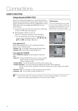 Page 2828
Connections
HDMI FUNCTION
Using Anynet+(HDMI-CEC)
Anynet+ is a function that enables you to control other Samsung 
Devices with your Samsung TV's remote control.  Anynet + can be 
used by connecting this Home Cinema to a SAMSUNG TV using a 
HDMI Cable. This is only available with SAMSUNG TV's that 
support Anynet+.
Connect the main unit of the Home Cinema to a Samsung 
1. 
TV with an HDMI cable. (See page 25)
Set the Anynet+ function on your TV.  
2. 
(See the TV instruction manual for more...