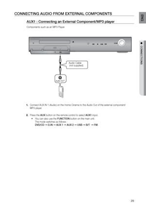 Page 2929
ENG
●  CONNECTIONS●  CONNECTIONS
CONNECTING AUDIO FrOM EXTErNAL COMPONENTS
AUX1 : Connecting an External Component/MP3 player
Components such as an MP3 Player.
FUNC.
Audio Cable
 (not supplied)
Audio OUT 
Connect AUX IN 1 (Audio) on the Home Cinema to the Audio Out of the ex\
ternal component/             
1. 
MP3 player.  
Press the 
2.  AUX button on the remote control to select AUX1 input.
You can also use the 
•	 FUNCTION button on the main unit.  
    The mode switches as follows :   
    DVD/CD...