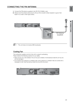 Page 3131
ENG
●  CONNECTIONS●  CONNECTIONS
CONNECTING THE FM ANTENNA
 
Connect the FM antenna supplied to the FM 75
1.  Ω COAXIAL Jack.
Slowly move the antenna wire around until you find a location where reception is good, then    
2. 
fasten it to a wall or other rigid surface.  
 
M   This unit does not receive AM broadcasts.   
`
 
Cooling Fan
The cooling fan supplies cool air to the unit to  prevent overheating.
Please observe the following cautions for your safety.
Make sure the unit is well-ventilated. If...