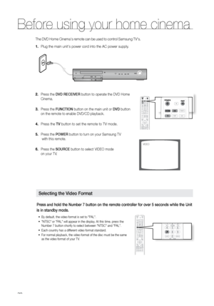 Page 3232
The DVD Home Cinema's remote can be used to control Samsung TV's.
Plug the main unit's power cord into the AC power supply.
1. 
Press the 
2.  DVD rECEIVEr button to operate the DVD Home 
Cinema.
 
 
Press the 
3.  FUNCTION button on the main unit or DVD button  
on the remote to enable DVD/CD playback. 
Press the 
4.  TV button to set the remote to TV mode. 
Press the 
5.  POWEr button to turn on your Samsung TV 
 with this remote.  
Press the 
6.  SOUrCE button to select VIDEO mode  
on...