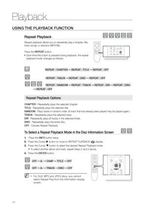 Page 40Playback
40
USING THE PLAYBACK FUNCTION
repeat Playback dBAGD
Repeat playback allows you to repeatedly play a chapter, title, 
track (song), or directory (MP3 file). 
 
Press the rEPEAT button.
Each time the button is pressed during playback, the repeat 
•	
playback mode  changes as follows:
DVD-VIDEO									rEPEAT : CHAPTEr ➞  rEPEAT : TITLE ➞ rEPEAT : OFF
B									rEPEAT : TrACK ➞  rEPEAT : DISC ➞ rEPEAT : OFF
AGD			rEPEAT : rANDOM ➞  rEPEAT : TrACK ➞ rEPEAT : DIr ➞ rEPEAT : DISC 
➞  rEPEAT : OFF...