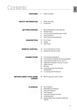 Page 55
ENG
Contents
fEATURES 
2
2 What’s included
SAfETy INfORMATION 
3
3 Safety Warnings
4  Precautions
gETTINg STARTED 
7
7 Before Reading the User’s Manual
8  Playable Discs
8  Do not use the following types of disc!
8  Copy Protection
9  Disc Type and Characteristics
DESCRIPTION 
10
10 Front Panel
10  Display
11  Rear Panel
REMOTE CONTROL 
12
12 Tour of the Remote Control
14  Setting the Remote Control
CONNECTIONS 
16
16 Connecting the Speakers
23  Connecting the Wireless Receiving Amplifier 
25...