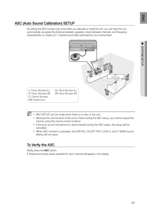 Page 6161
ENG
●  SYSTEM SETUP●  SYSTEM SETUP
ASC (Auto Sound Calibration) SETUP
By setting the ASC function just once when you relocate or install the unit, you can have the unit 
automatically recognize the distance between speakers, levels between channels, and frequency 
characteristics to create a 5.1-channel sound field optimized for your environment.
 
M     ASC SETUP can be made when there is no disc in the unit. 
`
Because the volume level of the tone is fixed during the ASC setup, yo\
u cannot adjust...