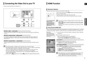 Page 9ENG
CONNECTIONS
Choose one of the three methods for connecting to a TV.
Connecting the Video Out to your TV
17 16
Connect the supplied video cable from the VIDEO OUT jack on the back of the DVD Player to the VIDEO IN jack on
your TV.
METHOD 3 : Composite Video ....... (Good Quality) 
If your television is equipped with Component Video inputs, connect a Component video cable(not supplied) from
the Component Video Output (Pr, Pb and Y) Jacks on the back of the DVD Player to the Component Video Input
Jacks...