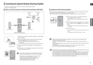 Page 8ENGCONNECTIONS
15 14
• Place the wireless receiver module at the rear of the listening position. If the wireless receiver module is too close
to the main unit, some sound interruption may be heard due to interference.
• If you use a device such as a microwave oven, wireless LAN Card, Bluetooth equipment, or any other device that
uses the same frequency (2.4GHz) near the system, some sound interruption may be heard due to interference.
• The transmission distance of a radio wave is about 33 feet, but may...