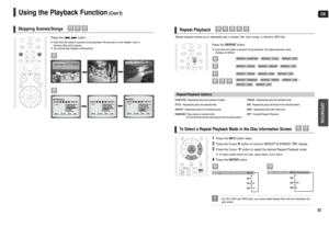 Page 17GBOPERATION
33
CHAPTER: Repeatedly plays the selected chapter.
TITLE: Repeatedly plays the selected title.
GROUP: Repeatedly plays the selected group.
RANDOM: Plays tracks in random order.
(A track that has already been played may be played again.)
TRACK: Repeatedly plays the selected track.
DIR: Repeatedly plays all tracks in the selected folder.
DISC: Repeatedly plays the entire disc.
OFF: Cancels Repeat Playback.
Repeat Playback Options
Press the REPEATbutton.Each time the button is pressed during...