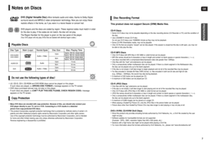 Page 4GB7
CD-R Discs• Some CD-R discs may not be playable depending on the disc recording device (CD-Recorder or PC) and the condition of
the disc. • Use a 650MB/74 minute CD-R disc. 
Do not use CD-R discs over 700MB/80 minute as they may not be playback.• Some CD-RW (Rewritable) media, may not be playable. • Only CD-Rs that are properly closed can be fully played. If the session is closed but the disc is left open, you may not
be able to fully play the disc.CD-R JPEG Discs• Only files with the jpg extensions...