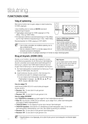 Page 22


tilslutning

FUNKTIONEN HDMI
Valg af opløsning
Med denne funktion kan brugere vælge en skærmopløsning 
til HDMI-udgangen.
I stop-indstilling skal du trykke på SD/HD (standard/
højopløsnings)–knappen.
Tilgængelige opløsninger for HDMI-udgangen er 576p 
(480p), 720p og 1080i/1080p.
SD (Standard Defi nition) (standardopløsning) er 576p (480p) 
og HD (High Defi nition) (højopløsning) er 720p, 1080i/1080p. 
Standardværdien for HDMI-udgang er 576P (480P).
Hvis tv'et ikke understøtter den...