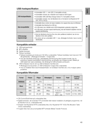 Page 43
4
DAN

●  AFSPILNING

USB-hostspecifikation 
USB-hostspecifikation
• Understøtter USB 1.1- eller USB 2.0-kompatible enheder.
• Understøtter enheder der er tilsluttet med et kabel af USB A-typen.
• Understøtter UMS (USB Mass Storage Device) V1.0-kompatible enheder.
•    Understøtter enheder, hvor det tilsluttede drev er formateret med filsystemet FAT 
(FAT, FAT16, FAT32).
Ikke-kompatibilitet
• Understøtter ikke en enhed, der kræver installation af en separat driver på pc’en (Windows).
• Understøtter...