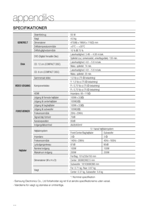 Page 62


appendiks
SPECIFIKATIONER
GENERELT
Strømforbrug55 W
Vægt4.0 kg
Dimensioner470(W) x 196(H) x 116(D) mm
Driftstemperaturområde+5°C ~ +35°C
Driftsfugtighedsområde10 % til 75 %
Disk
DVD (Digital Versatile Disc)Læsehastighed: 3.49 ~ 4.06 m/sek.
Spilletid (ca.) (enkelssidet, enkeltlagsdisk): 135 min.
CD: 12 cm (COMPACT DISC)Læsehastighed: 4.8 ~ 5.6 m/sek.
Maks. spilletid: 74 min.
CD: 8 cm (COMPACT DISC)Læsehastighed: 4.8 ~ 5.6 m/sek.
Maks. spilletid: 20 min.
VIDEO UDGANG
Sammensat video1,0 Vp-p...