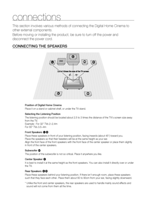 Page 16
1

connections
This section involves various methods of connecting the Digital Home Cin\
ema to 
other external components. 
Before moving or installing the product, be sure to turn off the power a\
nd 
disconnect the power cord.
C ONNECTING   THE  S PEAKE r S
Position of Digital Home Cinema
Place it on a stand or cabinet shelf, or under the TV stand.
Selecting the Listening Position
The listening position should be located about 2.5 to 3 times the distance of the TV's screen size away 
from...