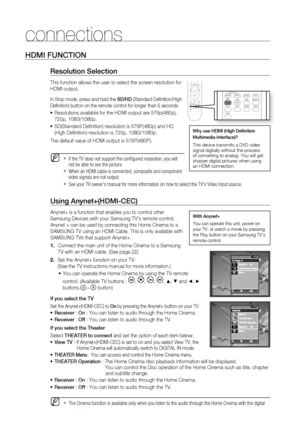 Page 24
4

connections

HDMI FUNCTION
resolution Selection
This function allows the user to select the screen resolution for 
HDMI output.
In Stop mode, press and hold the SD/HD (Standard Defi nition/High 
Defi nition) button on the remote control for longer than 5 seconds.
Resolutions available for the HDMI output are 576p(480p), 
720p, 1080i/1080p.
SD(Standard Defi nition) resolution is 576P(480p) and HD
(High Defi nition) resolution is 720p, 1080i/1080p.
The default value of HDMI output is 576P(480P)....