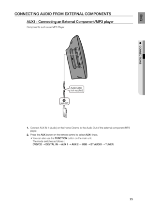 Page 25

EN G

●  CONNECTIONS

CONNECTING  A UDIO   F r OM  E XTE r NAL  C OMPONENTS
AUX1 : Connecting an External Component/MP3 player
Components such as an MP3 Player
Audio Cable(not supplied)
Audio OUT
Connect AUX IN 1 (Audio) on the Home Cinema to the Audio Out of the external component/MP3 
player.
Press the AUX button on the remote control to select AUX1 input.
You can also use the FUNCTION button on the main unit. 
The mode switches as follows :  
DVD/CD  DIGITAL IN  AUX 1  AUX 2  USB  BT...