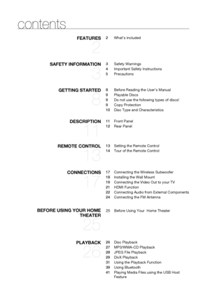 Page 6


contents
fEATURES 
2
2	 What’s 	 included
SAf ET y  IN f OR m ATION 
3
3	 Safety 	 Warnings
4	 Important 	 Safety 	 Instructions
5	 Precautions
gETTIN g  STARTED 
8
8	 Before 	 Reading 	 the 	 User’s 	 Manual
9	 Playable 	 Discs
9	Do 	 not 	 use 	 the 	 following 	 types 	 of 	 discs!
9	 Copy 	 Protection
10	 Disc 	 Type 	 and 	 Characteristics
DESCRIPTION 
11
11	 Front 	 Panel
12	 Rear 	 Panel
REm OTE   CONTROL 
13
13	 Setting 	 the 	 Remote 	 Control
14	 Tour 	 of 	 the 	 Remote 	 Control...