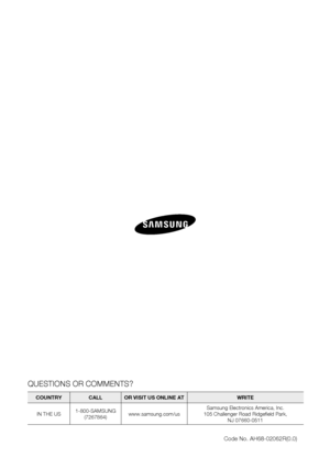 Page 60
QUESTIONS OR COMMENTS?
COUNTRy  CALL  OR  v ISIT US ONLINE AT WRITE
IN THE US1-800-SAMSUNG(7267864)www.samsung.com/usSamsung Electronics America, Inc.105 Challenger Road Ridgefield Park, NJ 07660-0511
Code No. AH68-02062R(0.0)

HT-X810_XAA_0327.indd   602008-03-27   �� 5:11:28 