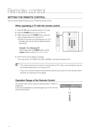 Page 1514
Operation range of the remote Control
The remote control can be used up to approximately 7 meters in a 
straight line. 
It can also be operated at a horizontal angle of up to 30° from the 
remote control sensor.
When operating a TV with the remote control
1.    Press the TV button to set the remote to TV mode. 
2.    Press the POWer button to turn on the TV.
3.  While holding down the POWer button, enter the          
     code corresponding to your brand of TV.
If there is more than one code listed...