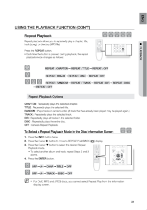 Page 3231
eNG
●  PLAYBACK
repeat Playback dBAGD
Repeat playback allows you to repeatedly play a chapter, title, 
track (song), or directory (MP3 file). 
 
Press the rePeAT button.
Each time the button is pressed during playback, the repeat 
•	
playback mode  changes as follows:
DVD-VIDEO									rePeAT : CHAPTer ➞  rePeAT : TITLe ➞ rePeAT : OFF
B									rePeAT : TrACK ➞  rePeAT : DISC ➞ rePeAT : OFF
AGD			rePeAT : rANDOM ➞  rePeAT : TrACK ➞ rePeAT : DIr ➞ rePeAT : DISC 
➞  rePeAT : OFF
CHAPTer : Repeatedly...