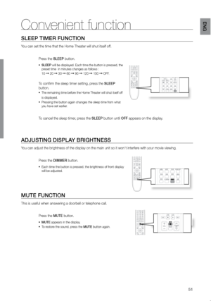 Page 5251
eNG
SLeeP TIMer FUNCTION
You can set the time that the Home Theater will shut itself off.
Press the SLeeP button.
SLeeP
•	  will be displayed. Each time the button is pressed, the 
preset time  in minutes changes as follows :  
10 
➞ 20 ➞ 30 ➞ 60 ➞ 90 ➞ 120 ➞ 150 ➞ OFF.  
To confirm the sleep timer setting, press the SLeeP  
button.
The remaining time before the Home Theater will shut itself off 
•	
is displayed.
Pressing the button again changes the sleep time from what 
•	
you have set earlier....