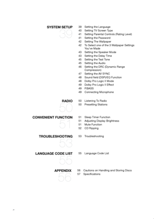 Page 76
SySTEm SETUP 
39
39 Setting the Language
40  Setting TV Screen Type
41  Setting Parental Controls (Rating Level)
41  Setting the Password
42  Setting The Wallpaper
42  To Select one of the 3 Wallpaper Settings 
You've Made
43  Setting the Speaker Mode
43  Setting the Delay Time
45  Setting the Test Tone
45  Setting the Audio
46  Setting the DRC (Dynamic Range 
Compression)
47  Setting the AV SYNC
48  Sound field (DSP)/EQ Function
48  Dolby Pro Logic II Mode
49  Dolby Pro Logic II Effect
49  P.BASS...