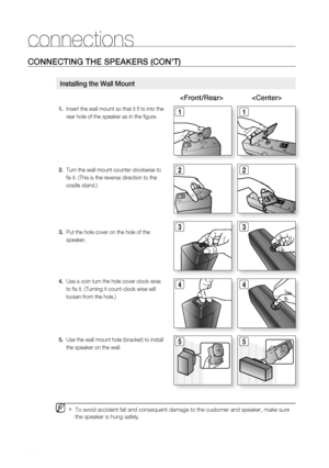 Page 22
20

connections

COnnECtinG tHE SPEaKErS (COn't)

55
4.   Use a coin turn the hole cover clock wise 
to fi x it. (Turning it count-clock wise will 
loosen from the hole.)
5.  Use the wall mount hole (bracket) to install
     the speaker on the wall.
 To avoid accident fall and consequent damage to the customer and speaker, make sure 
the speaker is hung safely.
M`
installing the Wall mount
 
1.   Insert the wall mount so that it fi  ts into the 
rear hole of the speaker as in the fi gure....