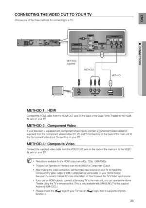 Page 27
25
EnG

●  COnnECtiOnS

COnnECtinG tHE ViDEO OUt tO yOUr tV
Choose one of the three methods for connecting to a TV.
ipodAUX IN 2ipod
AUX IN 2
METHOD3(supplied)
METHOD2
METHOD1
mEtHOD 1 : HDmi
Connect the HDMI cable from the HDMI OUT jack on the back of the DVD Home Theater to the HDMI 
IN jack on your TV.
mEtHOD 2 : Component Video
If your television is equipped with Component Video inputs, connect a component video cable(not 
supplied) from the Component Video Output (Pr, Pb and Y) Connectors on the...