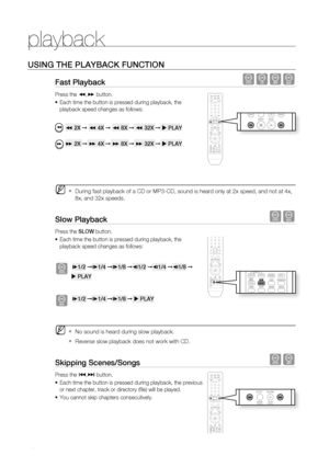 Page 42
playback
0

USinG tHE PLayBaCK fUnCtiOn
fast Playback dBAD
Press the (,) button.
Each time the button is pressed during playback, the 
playback speed changes as follows:
 ( 2X ➞ ( 4X ➞ ( 8X ➞ ( 32X ➞  PLay
 ) 2X ➞ ) 4X ➞ ) 8X ➞ ) 32X ➞  PLay
 During fast playback of a CD or MP3-CD, sound is heard only at 2x speed, and not at 4x, 
8x, and 32x speeds.
Slow Playback dD
Press the SLOW button.
Each time the button is pressed during playback, the 
playback speed changes as follows:
d *1/2 ➞*1/4 ➞*1/8...