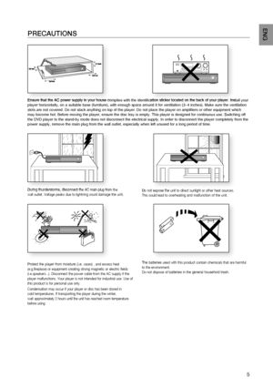 Page 75
EnG
PrECaUtiOnS
Ensure that the AC power supply in your house complies with the identification sticker located on the back of your player. Install your 
player horizontally, on a suitable base (furniture), with enough space around it for ventilation (3~4 inches). Make sure the ventilation 
slots are not covered. Do not stack anything on top of the player. Do not place the player on amplifiers or other equipment which 
may become hot. Before moving the player, ensure the disc tray is empty. this player...