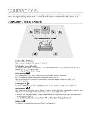 Page 20
1
CONNECTINg THE SPEAKErS
Position of the DVD Player
Place it on a stand or cabinet shelf, or under the TV stand.
Selecting the Listening PositionThe listening position should be located about 2.5 to 3 times the distance of the TV's screen size away from the TV.  
Example :   
For 32" TVs 2~2.4m (6~8feet)      For 55" TVs 3.5~4m (11~13feet)
Front SpeakerseiPlace these speakers in front of your listening position, facing inwards (about 45°) toward you.
Place the speakers so that their...