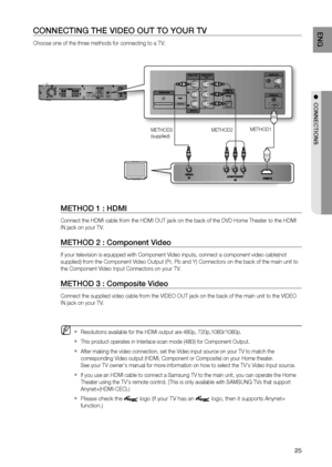 Page 27
5
ENg

●  CONNECTIONS

CONNECTINg THE VIDEO OUT TO YOUr TV
Choose one of the three methods for connecting to a TV.
METHOD3(supplied)METHOD2METHOD1
METHOD 1 : HDMI
Connect the HDMI cable from the HDMI OUT jack on the back of the DVD Home Theater to the HDMI 
IN jack on your TV.
METHOD 2 : Component Video
If your television is equipped with Component Video inputs, connect a component video cable(not 
supplied) from the Component Video Output (Pr, Pb and Y) Connectors on the back of the main unit to...