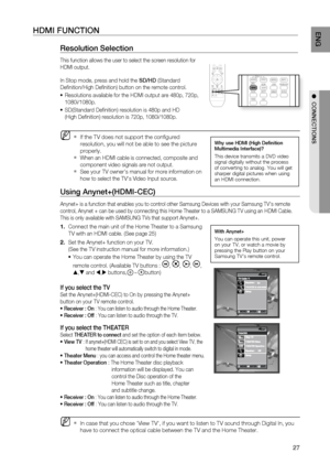 Page 29

ENg

●  CONNECTIONS

HDMI FUNCTION
resolution Selection
This function allows the user to select the screen resolution for 
HDMI output.
In Stop mode, press and hold the SD/HD (Standard 
Defi nition/High Defi nition) button on the remote control.
Resolutions available for the HDMI output are 480p, 720p, 
1080i/1080p.
SD(Standard Defi nition) resolution is 480p and HD
(High Defi nition) resolution is 720p, 1080i/1080p.
If the TV does not support the confi gured 
resolution, you will not be able...